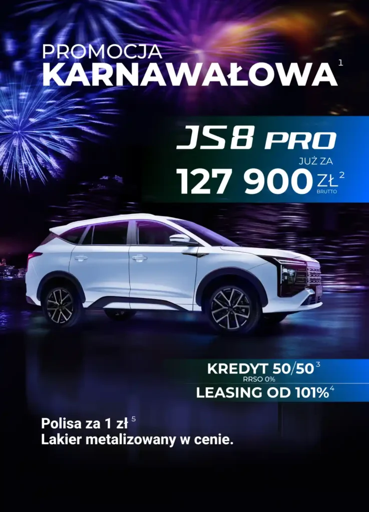 Promocja Karnawałowa JAC JS8 PRO W ramach promocji karanawałowej otrzymujesz pełny pakiet korzyści, dzięki którym zakup JS8 PRO staje się jeszcze bardziej opłacalny.